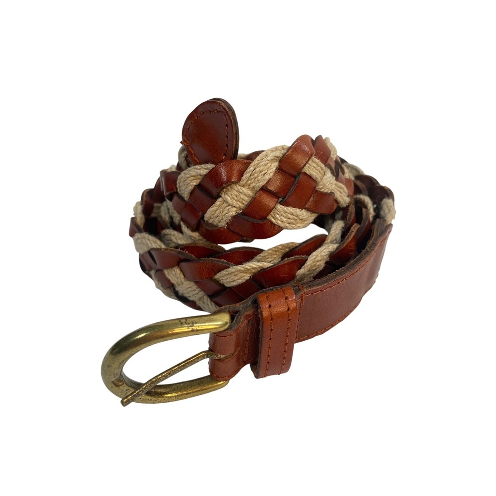 Unbranded Braided Leather Rope Belt Mens 42 Brown Beige Woven Nautical Brass‎